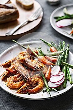 Garlic and Herby Prawn with SautÃ©ed Asparagus,Baby Carrot and Snap pea