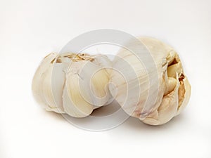 Garlic on isolated white background, two bulbs of garlic, two Heads of garlic, two knobs of garlic, unpeeled fresh garlic