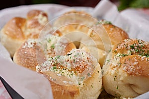 Garlic knots in a basket bokeh