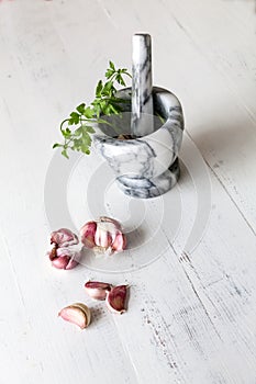 Garlic with marble mortar with parsley