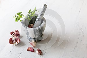 Garlic with marble mortar with parsley