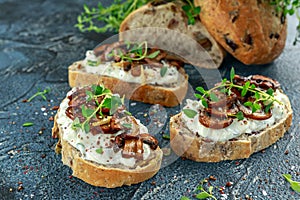 Garlic mushroom toast with creamy herbed ricotta chees spread