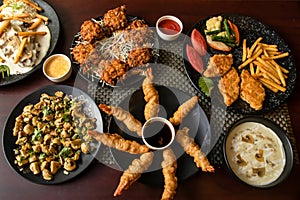 Garlic Mushroom, Vegetables Pakora, Prawn Tempura, Mushroom chicken piccata, Grilled Fish, swatted vegetables, chilli and soy