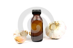 Garlic oil in bottle and fresh garlic