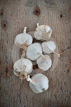 Garlic on an old wooden board
