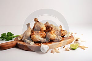 garlic onion chicken feet mexic serving on a cutting board, food on the black backgraund, generation ai