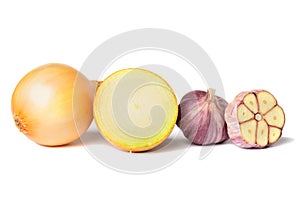 Garlic and onion isolated on a white background, onion and garlic in section, close-up
