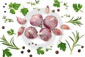 garlic and parsley isolated on white background. healthy food. top view