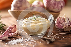 Garlic paste in a glass bowl with peeled garlic, salt and garlic heads