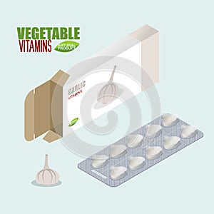 Garlic pills in pack. Vegetarian Vitamins. Diet tablets in box.