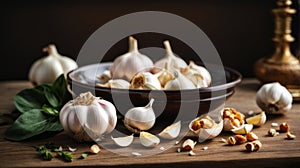 Garlic in a plate whole and a clove of garlic on a wooden