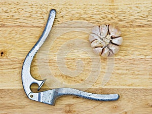 Garlic-press and bulb on wooden board