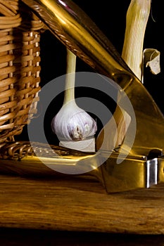 Garlic press and cloves of garlic