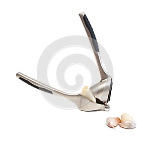 Garlic press and garlic.