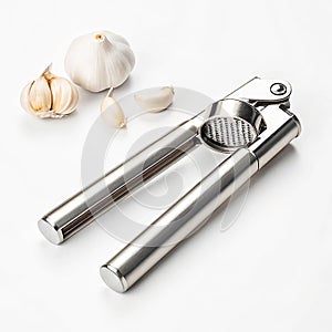 Garlic press tool on white background