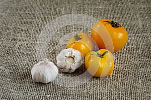 Garlic, red tomatoes on a napkin of burlap