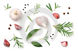 Garlic, Rosemary, Bay Leaves, Allspice and Pepper Isolated on White Background photo