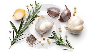 Garlic, rosemary, bay leaves, allspice and pepper isolated on white background. Generative Ai