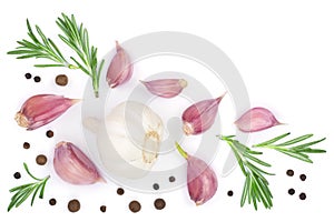 Garlic with rosemary and peppercorn isolated on white background with copy space for your text. Top view. Flat lay