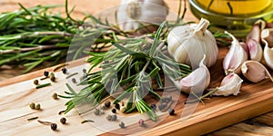 Garlic Rosemary and peppercorns on a wooden chopping board photo