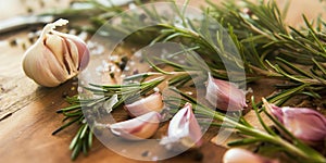 Garlic Rosemary and peppercorns on a wooden chopping board photo