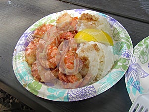 Garlic Shrimp Plate Lunch in North Shore Oahu, Hawaii