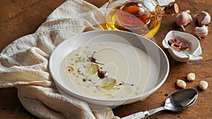 Garlic soup with white grapes,  ajoblanco, spanish food