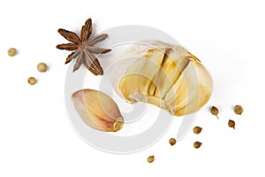 Garlic and spice isolated white background top view