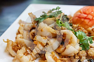 Garlic squid. Seafood in Thai restaurant.