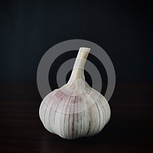 Garlic on wood brown table, black background. square photo image.