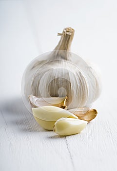 Garlic on the wooden table close-up with white background