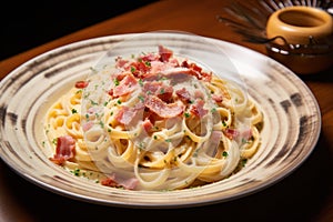 Garlicky Pasta carbonara plate. Generate Ai