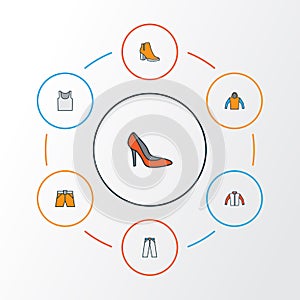 Garment Colorful Outline Icons Set. Collection Of Heels, Sweatshirt, Underwear And Other Elements. Also Includes Symbols