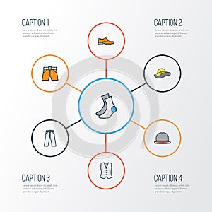 Garment Colorful Outline Icons Set. Collection Of Vest, Panama, Elegant Headgear And Other Elements. Also Includes photo