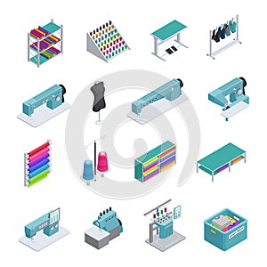 Garment Factory Isometric Icon Set