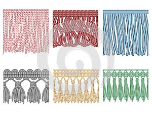 Garment fringe. Ruffle seam trim, raw textile edge and tassel braid ruffles isolated seamless patterns illustration set