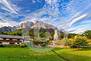 Garmisch Partenkirchen Germany, Zugspitze with church in Grainau