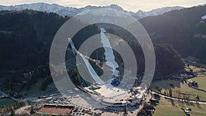 Garmisch Partenkirchen at Winter. Aerial view of Bavarian village in Alps mountains. Sunny day in Germany, Europe.