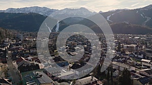 Garmisch Partenkirchen at Winter. Aerial view of Bavarian village in Alps mountains. Sunny day in Germany, Europe.