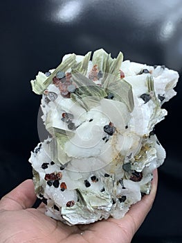 Garnet with tourmaline schorl muscovite mica albite mineral specimen crystal
