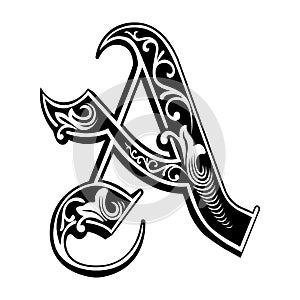 Garnished Gothic style font, letter A