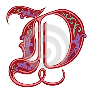 Garnished Gothic style font, letter D