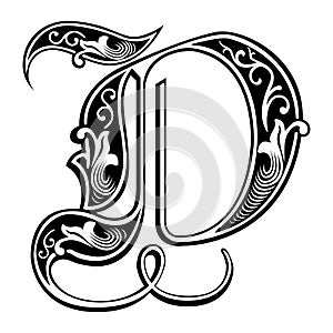 Garnished Gothic style font, letter D