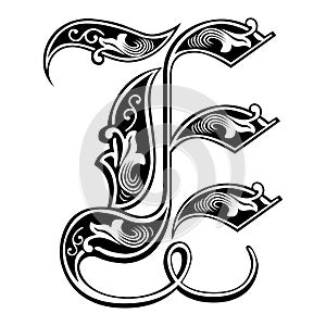 Garnished Gothic style font, letter E
