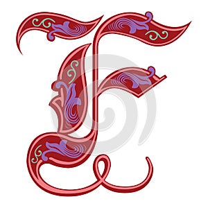 Garnished Gothic style font, letter F