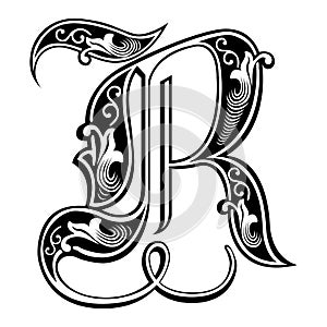 Garnished Gothic style font, letter R