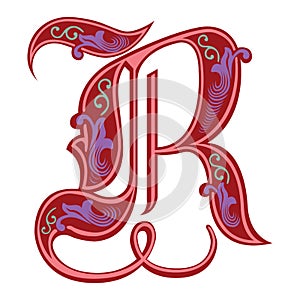 Garnished Gothic style font, letter R
