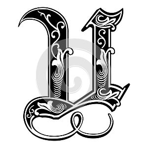 Garnished Gothic style font, letter U