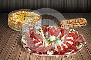 Garnished Welcome Appetizer Savory Dish and Refreshing Russian Salad with Wholegrain Bread Set on Bamboo Lathed Backdrop