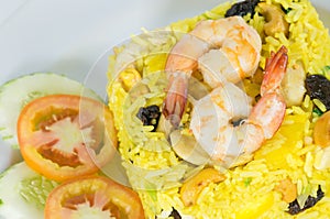 Garnished Yellow Fried Rice with shrimps